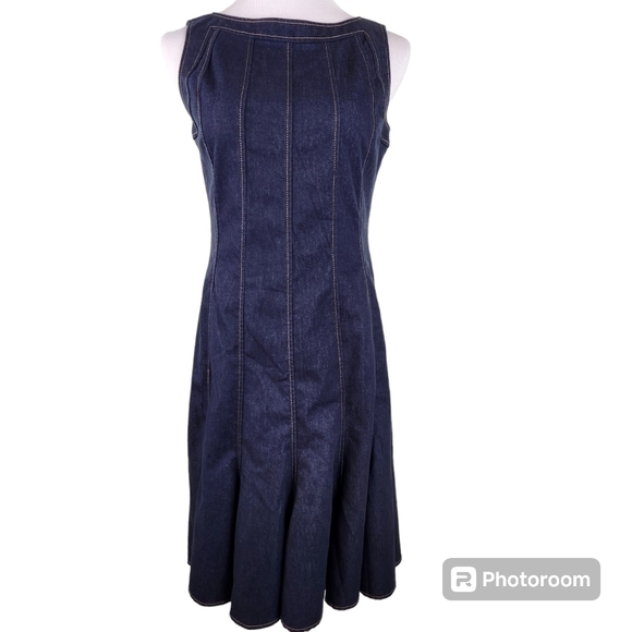 Sandra Darren Dark Wash Sleeveless Fit & Flare Boat Neck Women's JeanDress, sz 8 - Picture 1 of 7